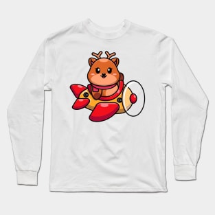 Cute baby deer driving plane cartoon Long Sleeve T-Shirt